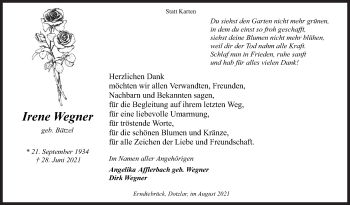 Traueranzeige von Irene Wegner von Siegener Zeitung