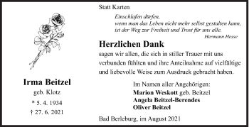 Traueranzeige von Irma Beitzel von Siegener Zeitung