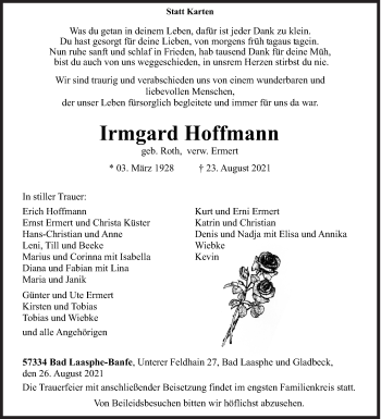 Traueranzeige von Irmgard Hoffmann von Siegener Zeitung