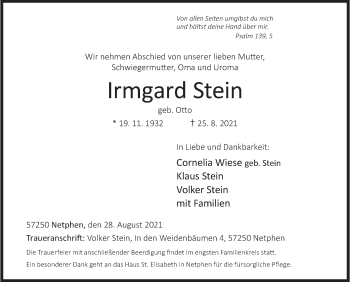 Traueranzeige von Irmgard Stein von Siegener Zeitung