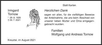 Traueranzeige von Irmgard Tornow von Siegener Zeitung