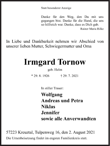 Traueranzeige von Irmgard Tornow von Siegener Zeitung