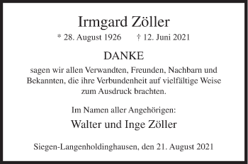 Traueranzeige von Irmgard Zöller von Siegener Zeitung
