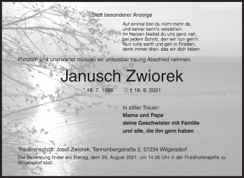 Traueranzeige von Janusch Zwiorek von Siegener Zeitung