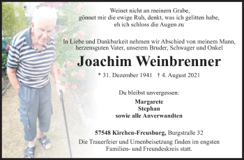 Traueranzeige von Joachim Weinbrenner von Siegener Zeitung
