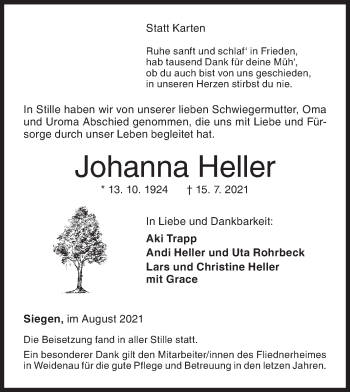Traueranzeige von Johanna Heller von Siegener Zeitung