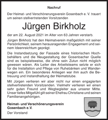 Traueranzeige von Jürgen Birkholz von Siegener Zeitung