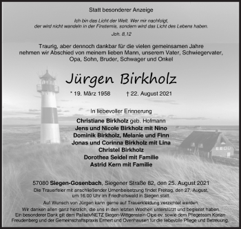 Traueranzeige von Jürgen Birkholz von Siegener Zeitung