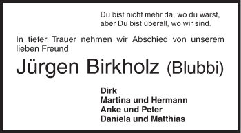 Traueranzeige von Jürgen Birkholz von Siegener Zeitung