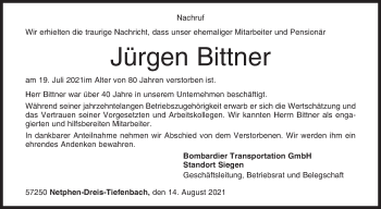 Traueranzeige von Jürgen Bittner von Siegener Zeitung
