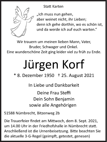 Traueranzeige von Jürgen Korf von Siegener Zeitung