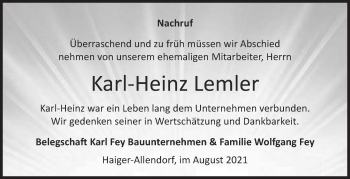 Traueranzeige von Karl-Heinz Lemler von Siegener Zeitung