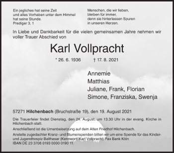 Traueranzeige von Karl Vollpracht von Siegener Zeitung