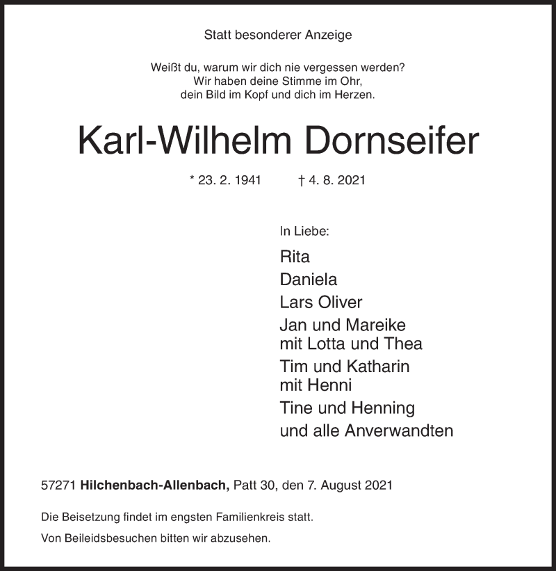  Traueranzeige für Karl-Wilhelm Dornseifer vom 07.08.2021 aus Siegener Zeitung