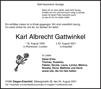 Traueranzeige von Karl Albrecht Gattwinkel von Siegener Zeitung