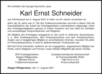 Traueranzeige von Karl Ernst Schneider von Siegener Zeitung