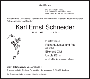 Traueranzeige von Karl Ernst Schneider von Siegener Zeitung