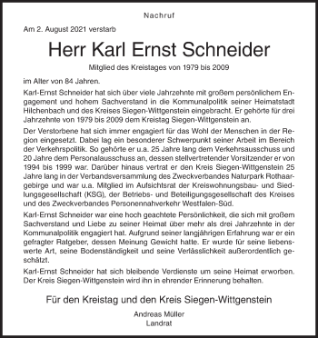 Traueranzeige von Karl Ernst Schneider von Siegener Zeitung