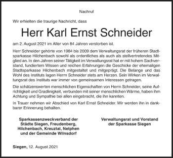 Traueranzeige von Karl Ernst Schneider von Siegener Zeitung