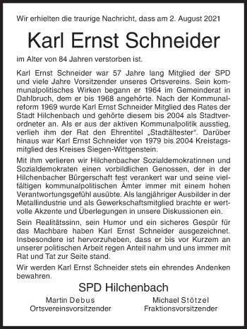 Traueranzeige von Karl Ernst Schneider von Siegener Zeitung