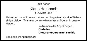 Traueranzeige von Klaus Heinbach von Siegener Zeitung