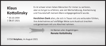 Traueranzeige von Klaus Kottolinsky von Siegener Zeitung