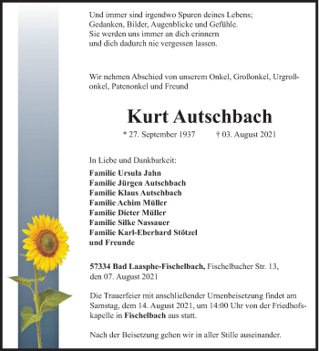 Traueranzeige von Kurt Autschbach von Siegener Zeitung