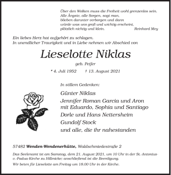 Traueranzeige von Lieselotte Niklas von Siegener Zeitung