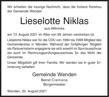 Traueranzeige von Lieselotte Niklas von Siegener Zeitung