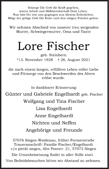 Traueranzeige von Lore Fischer von Siegener Zeitung