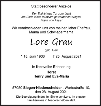 Traueranzeige von Lore Grau von Siegener Zeitung