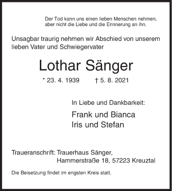 Traueranzeige von Lothar Sänger von Siegener Zeitung