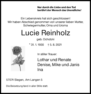 Traueranzeige von Lucie Reinholz von Siegener Zeitung