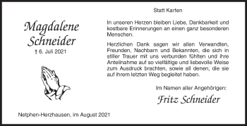 Traueranzeige von Magdalene Schneider von Siegener Zeitung