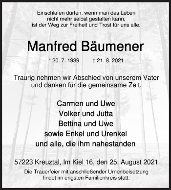 Traueranzeige von Manfred Bäumener von Siegener Zeitung