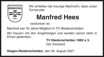 Traueranzeige von Manfred Hees von Siegener Zeitung