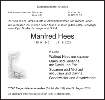 Traueranzeige von Manfred Hees von Siegener Zeitung