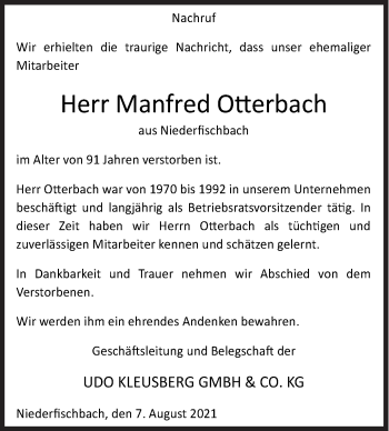 Traueranzeige von Manfred Otterbach von Siegener Zeitung
