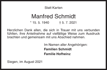 Traueranzeige von Manfred Schmidt von Siegener Zeitung