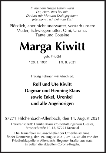 Traueranzeige von Marga Kiwitt von Siegener Zeitung