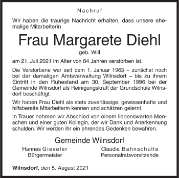 Traueranzeige von Margarete Diehl von Siegener Zeitung
