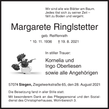 Traueranzeige von Margarete Ringlstetter von Siegener Zeitung