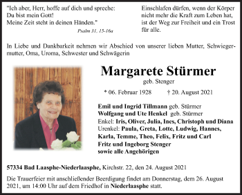Traueranzeige von Margarete Stürmer von Siegener Zeitung