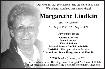 Traueranzeige von Margarethe Lindlein von Siegener Zeitung