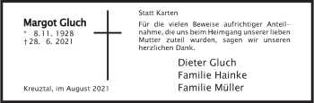 Traueranzeige von Margot Gluch von Siegener Zeitung