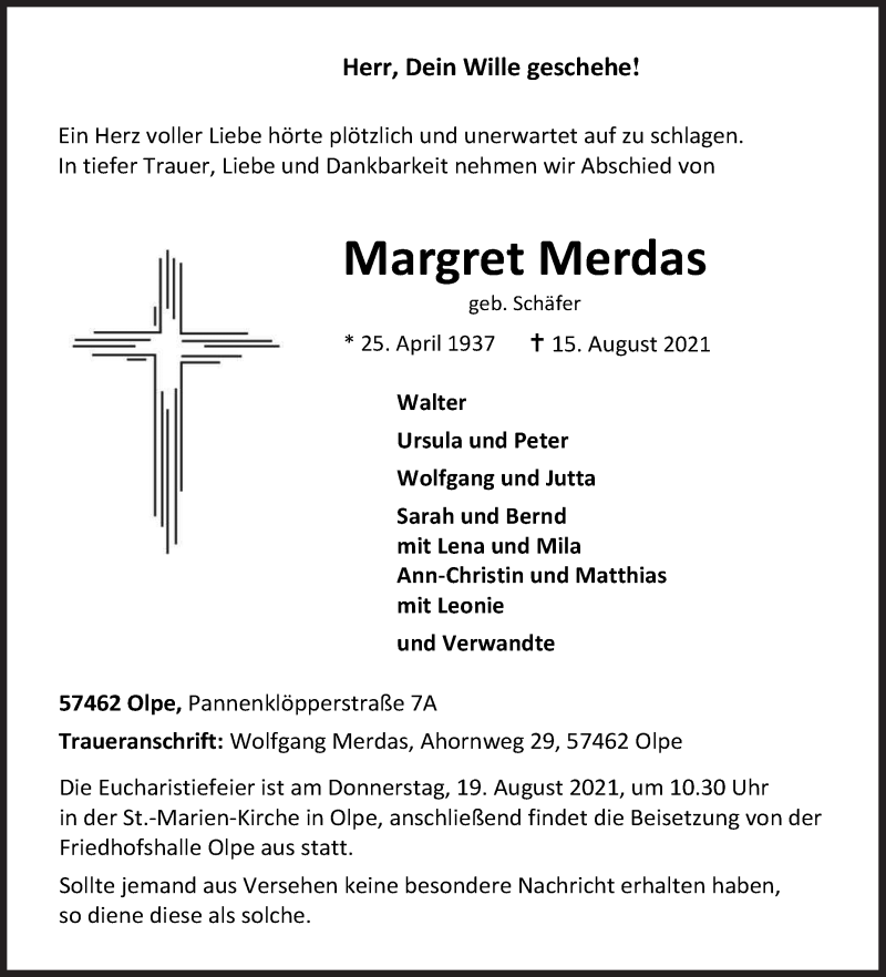  Traueranzeige für Margret Merdas vom 17.08.2021 aus Siegener Zeitung