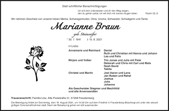 Traueranzeige von Marianne Braun von Siegener Zeitung