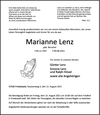 Traueranzeige von Marianne Lenz von Siegener Zeitung