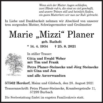 Traueranzeige von Marie Planer von Siegener Zeitung
