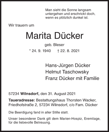 Traueranzeige von Marita Dücker von Siegener Zeitung